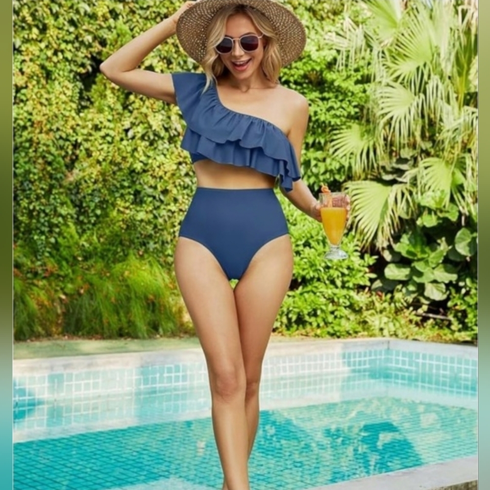 VIMPUNEC Ruffle One Shoulder Swimsuits for Women Striped High Waisted Two Piece - Picture 1 of 5